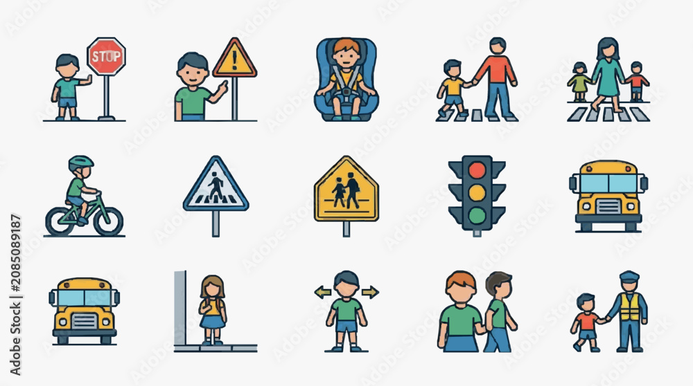 Fototapeta premium Street Safety Icons for Pedestrian Awareness.