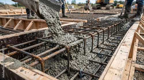 Pouring concrete into steel rebar framework on construction site
