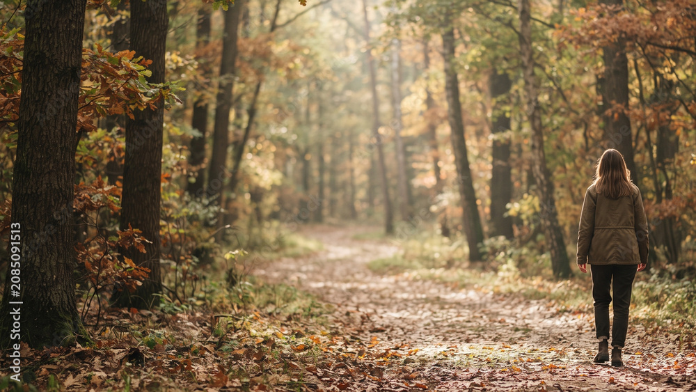 Fototapeta premium woman walking on a trail in an autumn forest