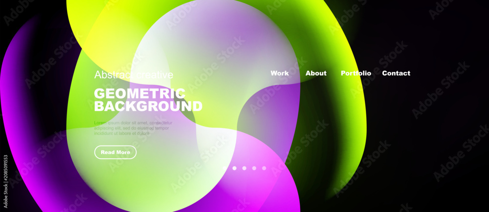 Fototapeta premium Vibrant abstract shapes overlap dark background. Text elements present website navigation, title, brief description. Modern design.
