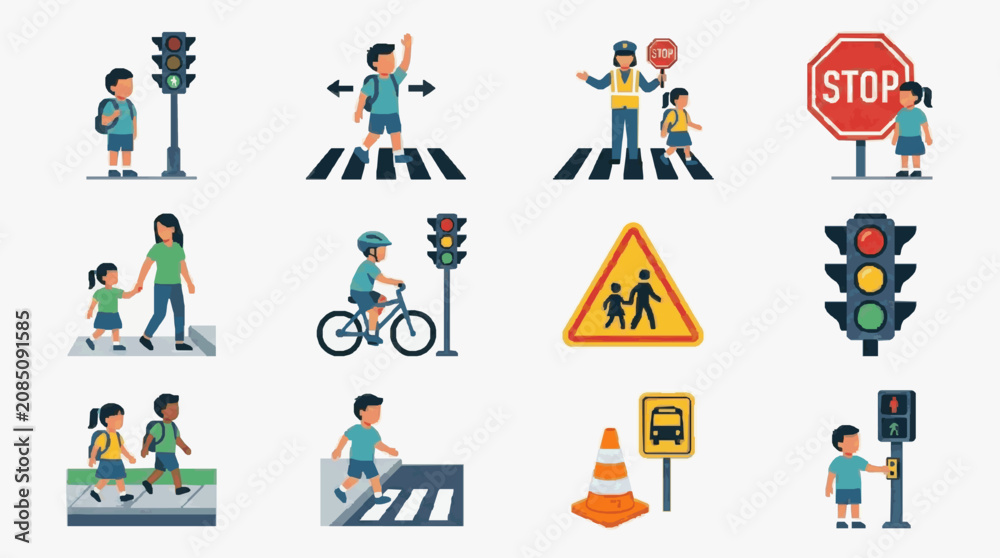 Fototapeta premium Street Safety Scenes with Pedestrians and Traffic Icons.