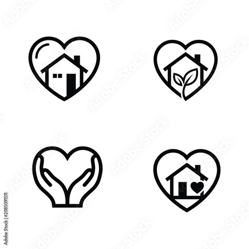 Set of heart icons with house, plant and hands, love and home symbols