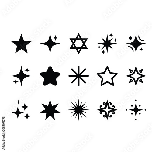 Set of black star icons and sparkle shapes