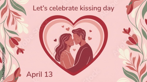 Romantic illustration for international kissing day on april 13 with a couple in a heart frame
