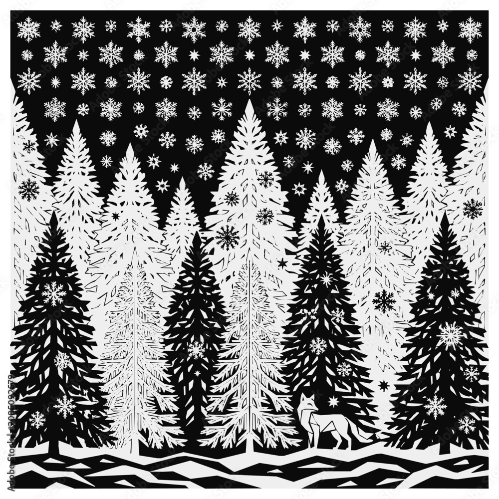 Obraz premium Beautiful Winter Forest Scene Featuring Falling Snowflake Patterns over Pine Trees with a Graceful Fox in a Black and White Papercut Style