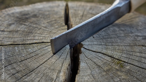 precisely. Axe blade embedded in center of round log, close-up impact point, outdoor light, wood grain detail. safety posters.
