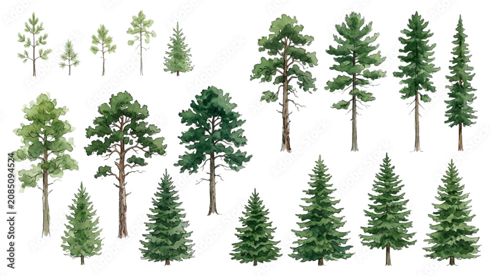 Fototapeta premium Architectural Watercolor Conifer Tree Collection with Pine Fir and Spruce Landscape Vector Set