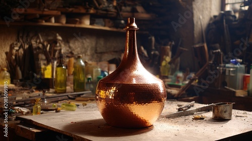 armagnac. Copper pot still gleaming in soft sunlight in a rustic workshop. safety posters, maintenance manuals, designed for precision metalworking and fabrication facilities.