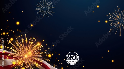 Anniversary badge displaying two hundred and fifty years sits in the lower corner of a dark blue screen filled with radiant gold firework bursts and light particles on a deep night sky background.