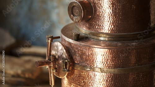 armagnac. Copper pot still gleaming in soft sunlight in a rustic workshop. safety posters, maintenance manuals, designed for precision metalworking and fabrication facilities.