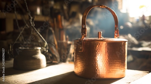 armagnac. Copper pot still gleaming in soft sunlight in a rustic workshop. safety posters, maintenance manuals, designed for precision metalworking and fabrication facilities.