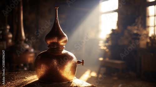 armagnac. Copper pot still gleaming in soft sunlight in a rustic workshop. safety posters, maintenance manuals, designed for precision metalworking and fabrication facilities.