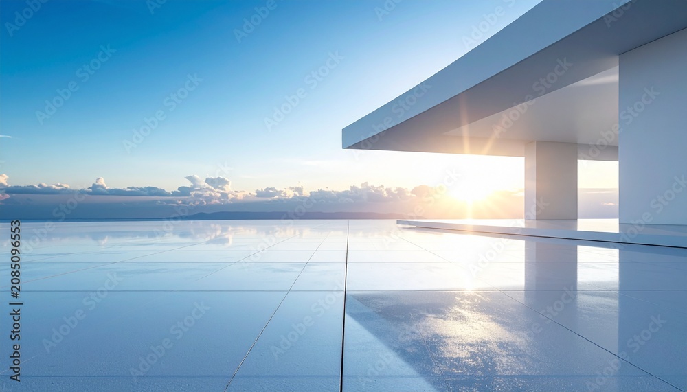 Fototapeta premium Minimal futuristic platform with dramatic volumetric sunlight emerging over the horizon, radiant modern scene