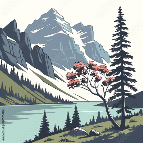 фотографія Mountain landscape with a blooming tree and a lake mountain landscape blooming w