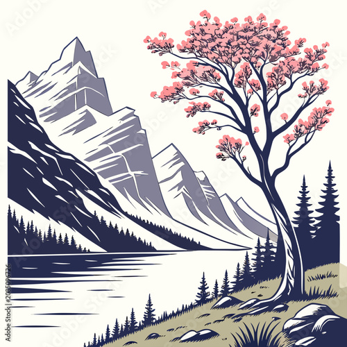 Tableau sur toile Snowy mountain landscape with a blooming tree and a lake mountain landscape bloo