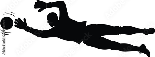Soccer goalkeeper silhouette, diving save vector, black football player icon, sports illustration