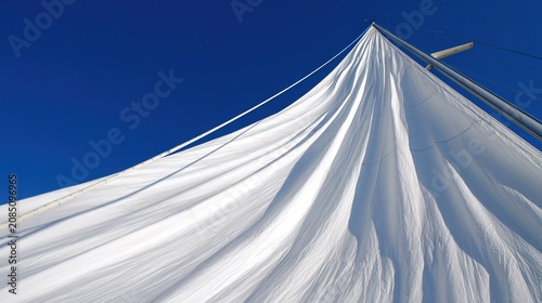 mainsail. Large white mainsail billowing in wind against clear blue sky. mobility guides, transit brochures, designed for transport & logistics marketing, improves user orientation.