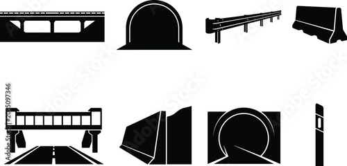 Photos Highway infrastructure silhouettes vector set featuring road bridges, tunnels, a