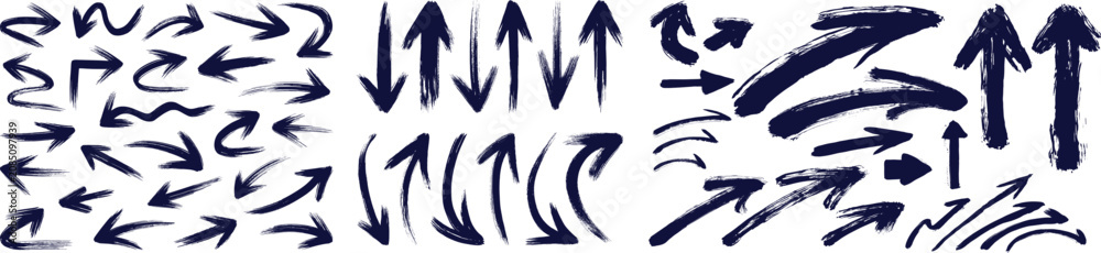 Fototapeta premium Collection of diverse handdrawn dark blue arrows with brush stroke texture on a white background