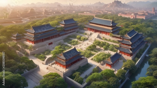 Imperial palace compound sits nestled within a lush green garden landscape, featuring ornate oriental rooftops and stone courtyards illuminated by the warm, golden glow of a setting sun.