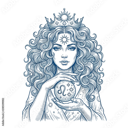 Bild auf Leinwand Detailed line art illustration of a mystical woman with curly hair, wearing a sun crown, holding a crystal ball with the Leo zodiac sign