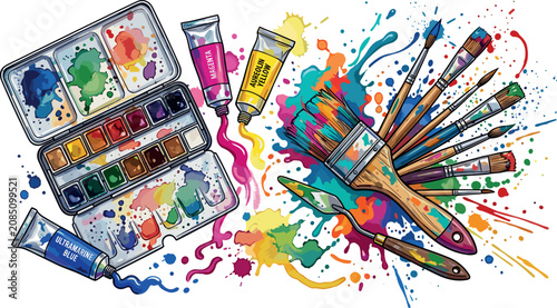 Art Supplies Vector Illustration Set with Watercolor Palette Paint Tubes Gouache Splatters Fan of Brushes and Painting Palette Knife