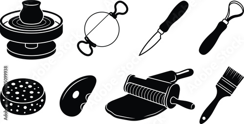 Konstfotografi Pottery and clay sculpting tools black silhouette vector icons set featuring pot