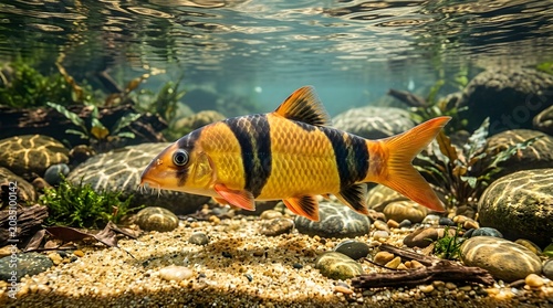 Clown loach fish swimming in a clear freshwater river habitat
