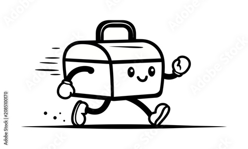 Φωτογραφία Cute anthropomorphic toolbox character running happily, black and white line art