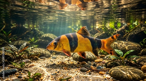 Clown loach fish swimming in a clear tropical freshwater river habitat