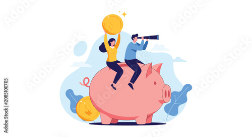 Man and woman sitting on a giant pink piggy bank using a telescope and holding a coin to represent investment and savings strategy.