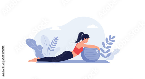 Young woman doing a back stretch exercise leaning on a blue fitness ball in a peaceful environment with artistic leaf illustrations.