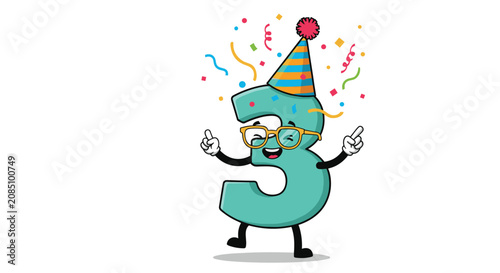 Happy cartoon character shaped like the number three wearing a party hat and glasses for a third birthday celebration event for kids.