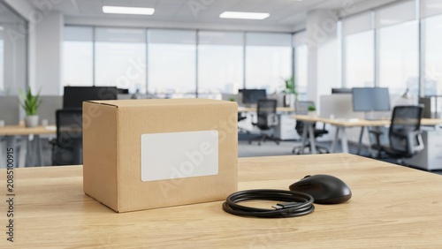 Cardboard box with blank label sitting on a wooden desk