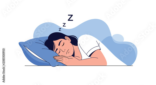 Young woman sleeping deeply and peacefully in a bed with a blue pillow and a white blanket on a light blue background for rest.
