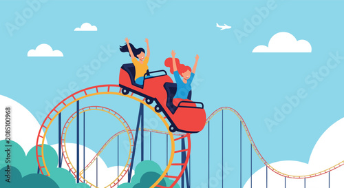 Excited young women riding a red roller coaster with their hands up at a fun amusement park on a bright sunny day in summertime.