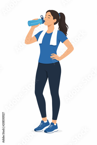 Woman Drinking Water After Workout Fitness  Flat Illustration