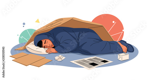 Homeless man sleeping on the ground under a cardboard box for shelter in a city environment representing social inequality issues.