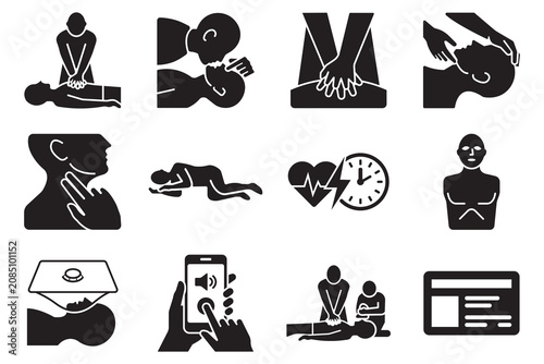 CPR and First Aid Black Silhouette Icon Set, Basic Life Support, Emergency Response, Resuscitation Vector Collection