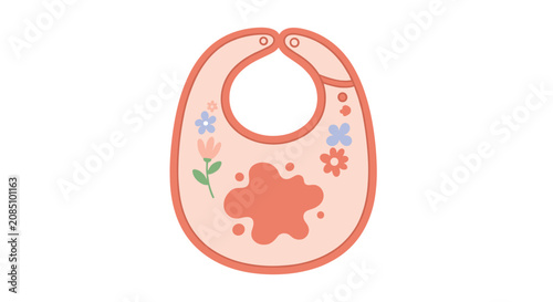 Soft pink baby bib with a red trim featuring colorful flower illustrations and a food splash for newborn infant care and feeding.