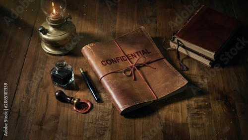 Vintage leather journal tied with string marked as confidential document secret