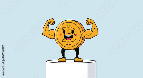 Strong Bitcoin character with muscular arms standing on a podium representing the power and strength of cryptocurrency market trends.