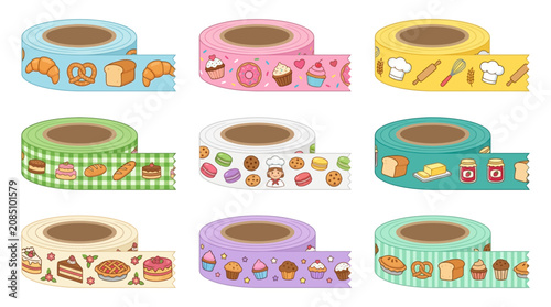 Colorful rolls of food-themed washi tape displayed on a white background with various patterns.