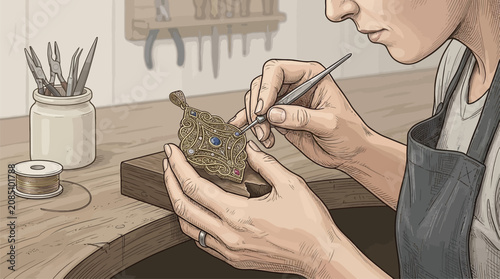 Schilderij op canvas Artisan Crafting Intricate Jewelry Pendant with Precious Stones in Workshop Sett