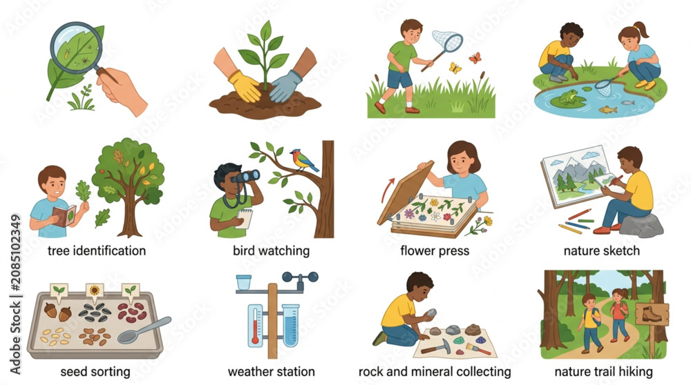 Fototapeta premium Children engaged in various outdoor science and nature exploration activities.
