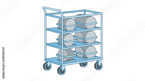 A blue cart filled with plates sits on wheels indoors.