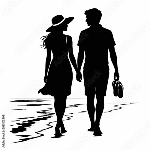 Romantic Couple Silhouette Walking on Beach 