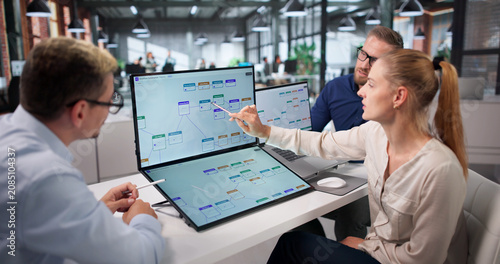 Obraz na plátne Project Manager Guides Diverse Team Using Automation Software