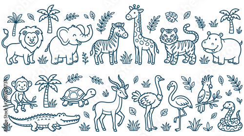 Tableau sur toile Jungle animals and savanna plants line art collection.