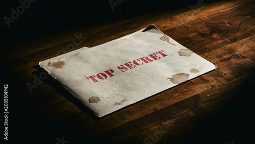 Stained manila paper envelope marked with red top secret text
